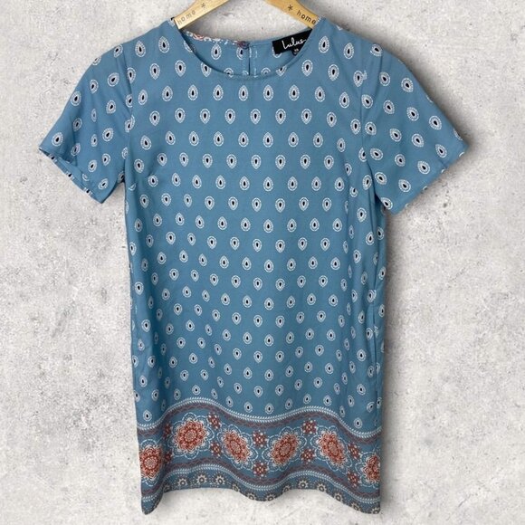 Lulus Secret Paradise Blue Print Shift Dress Size XS Bohemian Mini Festival Boho - Picture 3 of 15